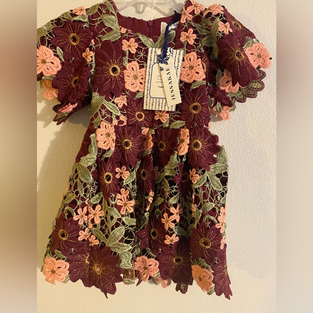 Floral Lace Kids Dress - Burgundy and Pink